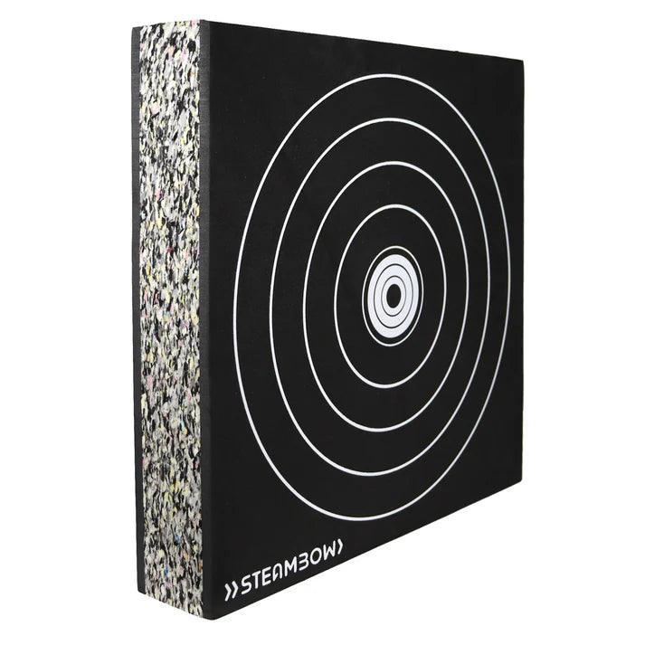 Steambow archery arrow target with concentric rings on a black foam block