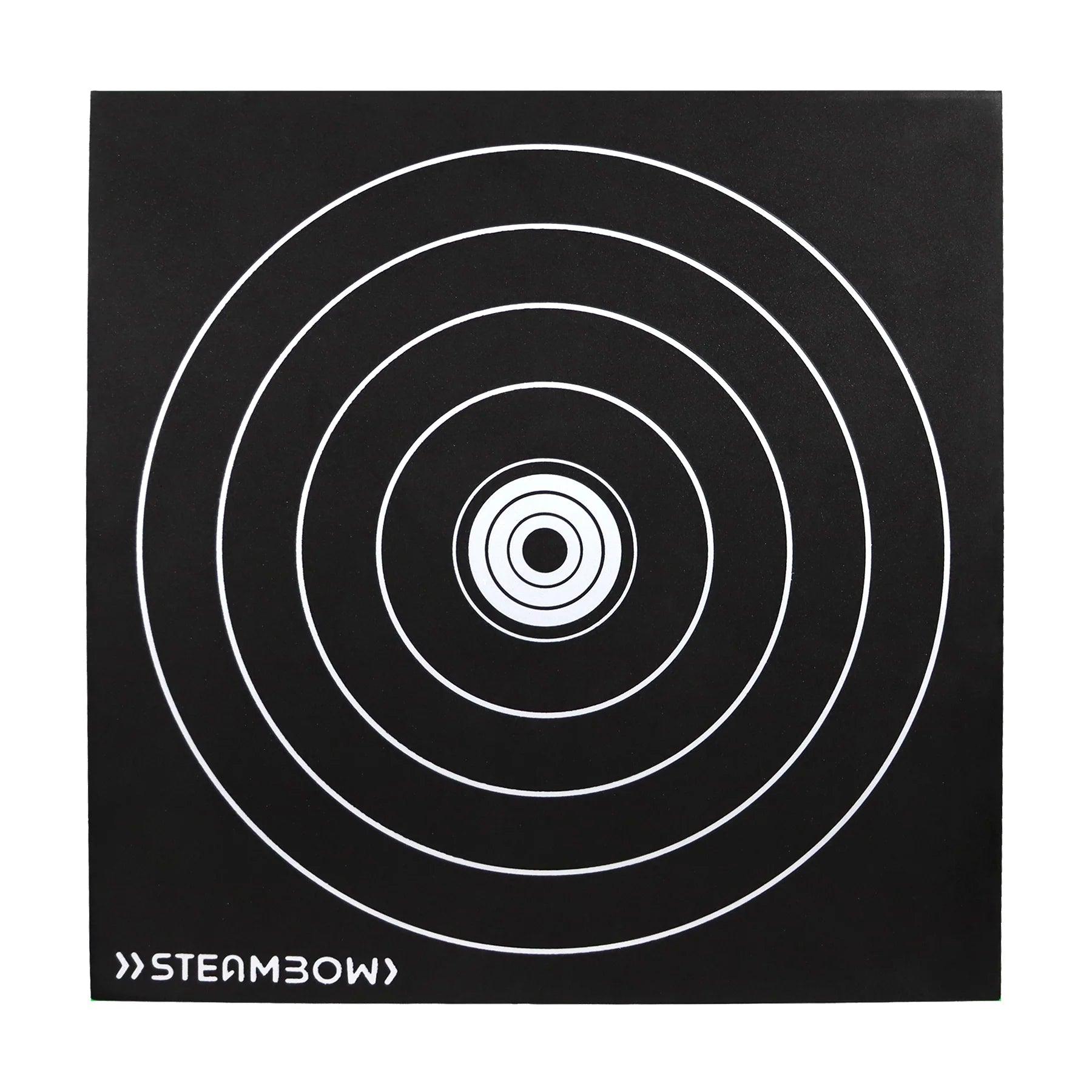 Black archery target with white concentric circles and STEAMBOW logo in the corner