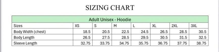 Adult unisex hoodie sizing chart with measurements for chest, body length, and sleeve length.