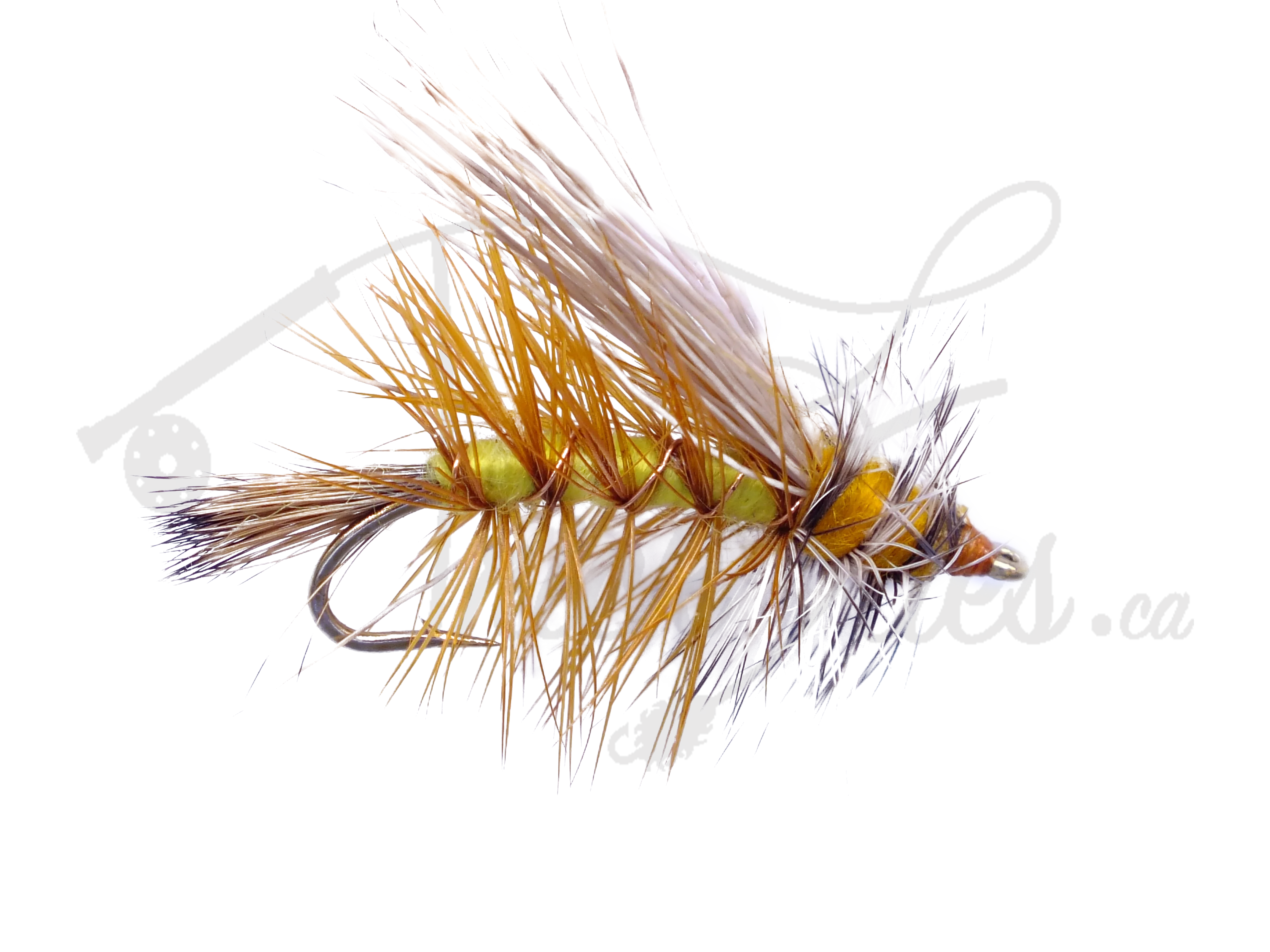 Yellow Stimulator dry fly fishing lure with spiky hackle feathers on black background
