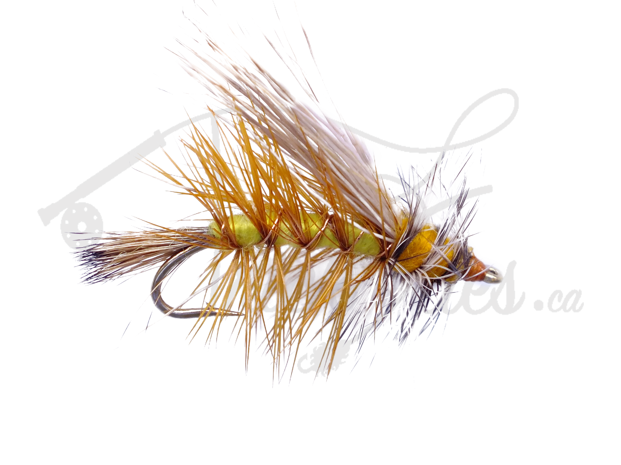 Yellow Stimulator dry fly fishing lure with spiky hackle feathers on black background