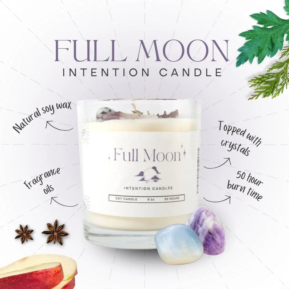 Full Moon intention soy candle with fragrance oils, crystals, and 50 hour burn time