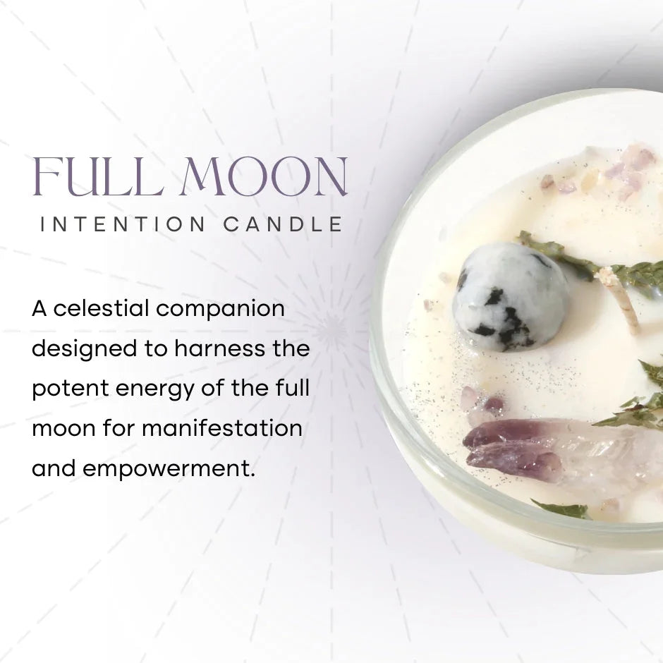 Full Moon Intention Candle with crystals and herbs for manifestation and empowerment