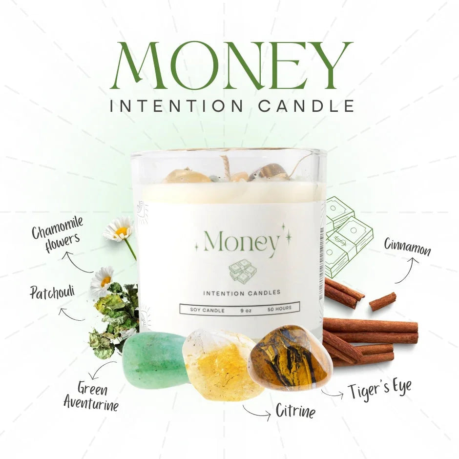Money intention candle with chamomile, patchouli, green aventurine, citrine, tiger's eye, cinnamon.