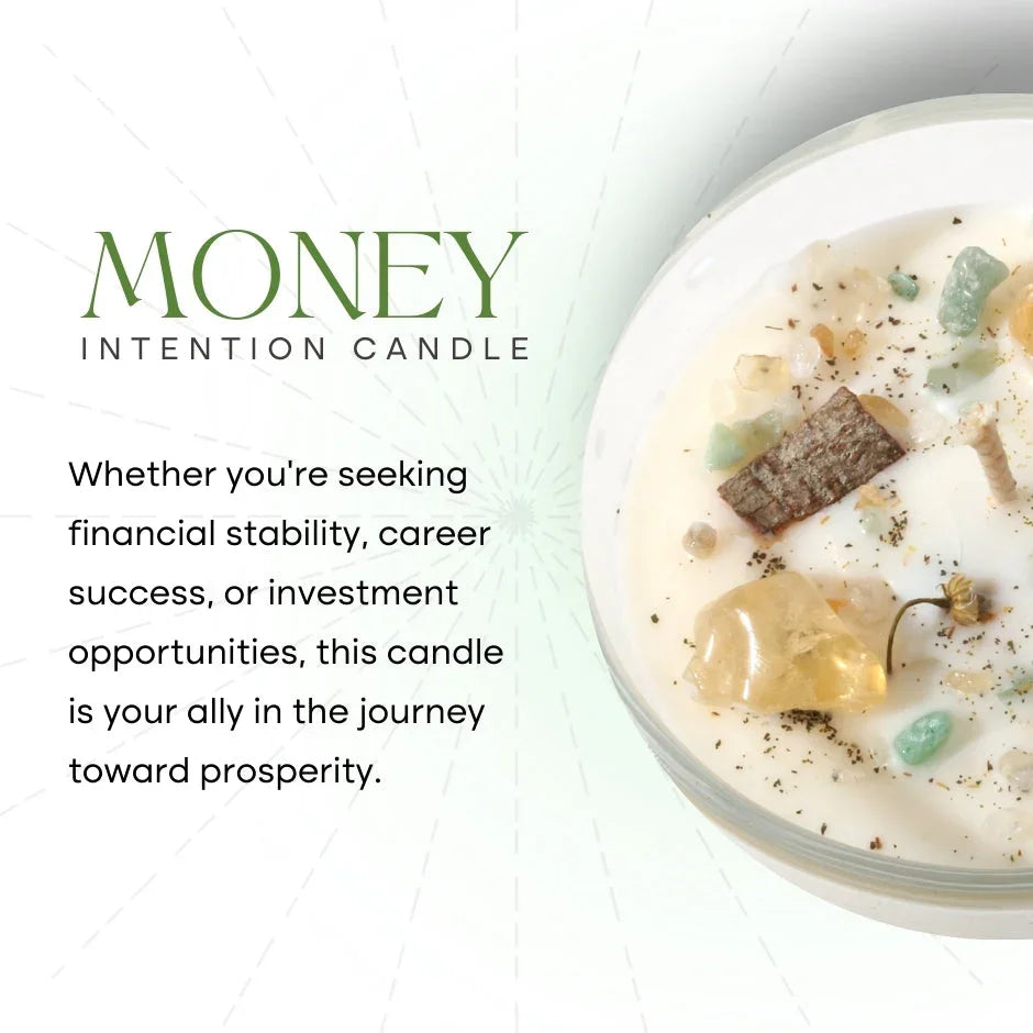 Money intention candle with crystals and herbs, text promoting prosperity and financial stability.