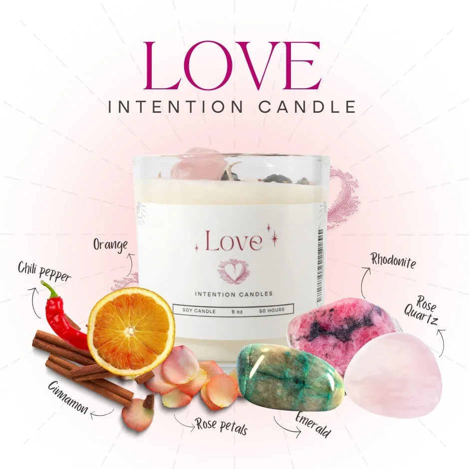 Love intention candle with rose petals, cinnamon, orange, chili pepper, emerald, rhodonite, and rose quartz.