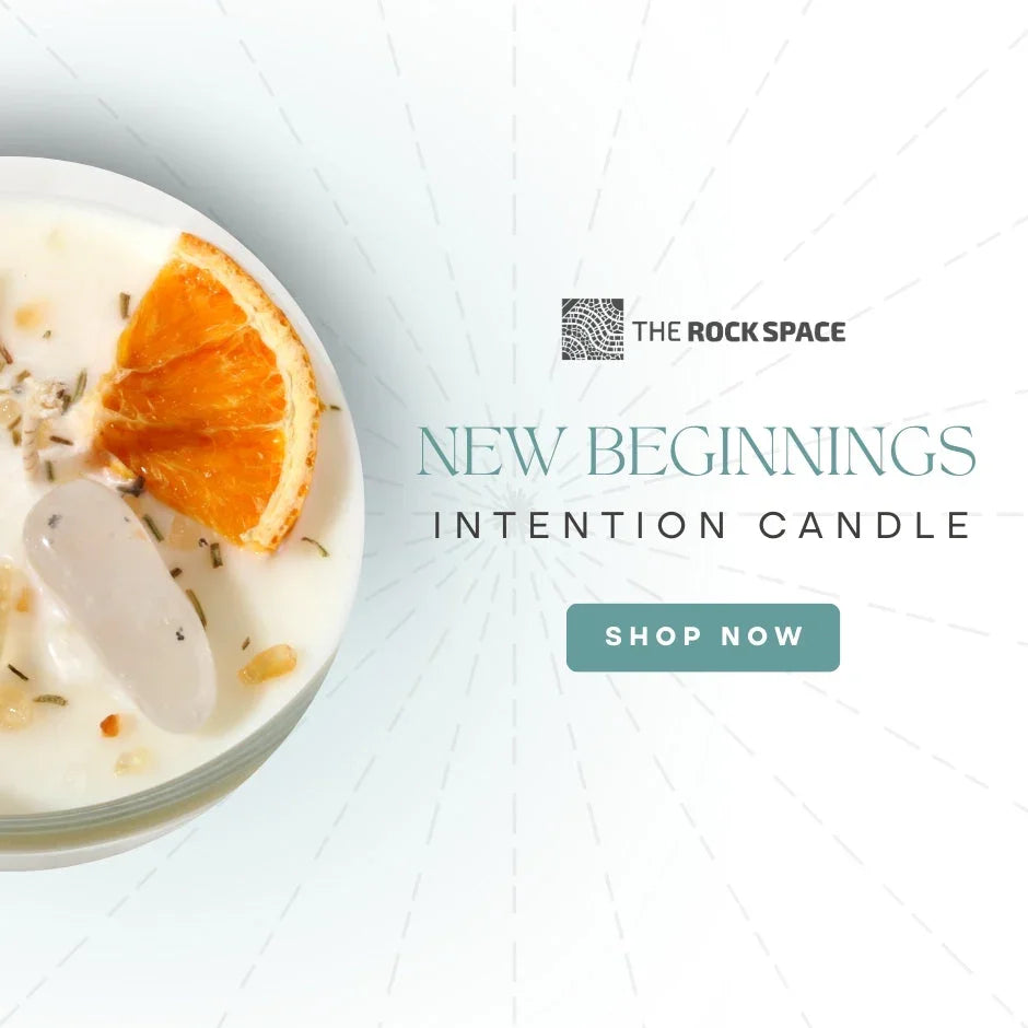 New Beginnings intention candle with orange slice and crystal, The Rock Space shop now