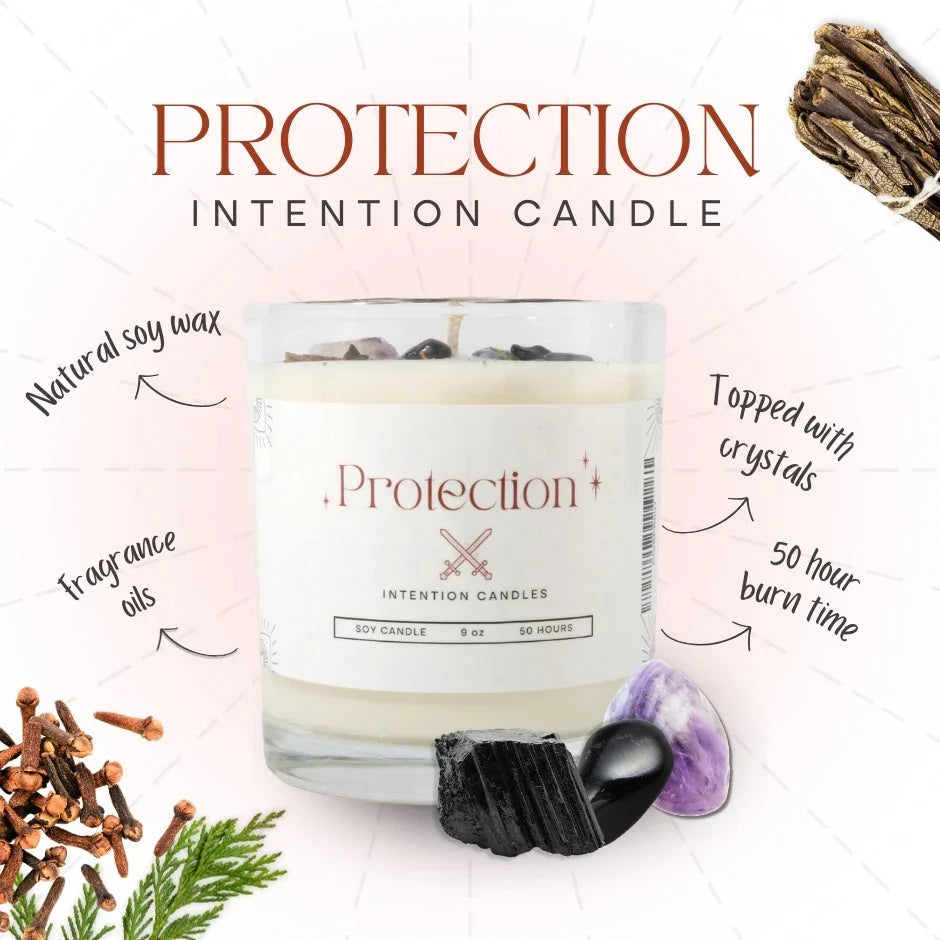 Protection intention candle soy wax with crystals, herbs, and clove, 50 hour burn time