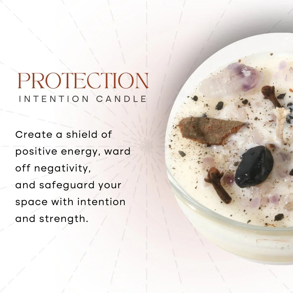 Protection intention candle with crystals and herbs in glass, positive energy message on left