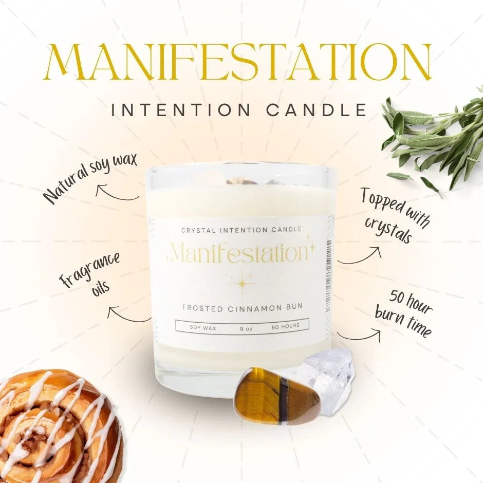 Manifestation intention candle with crystals, natural soy wax, and cinnamon bun scent