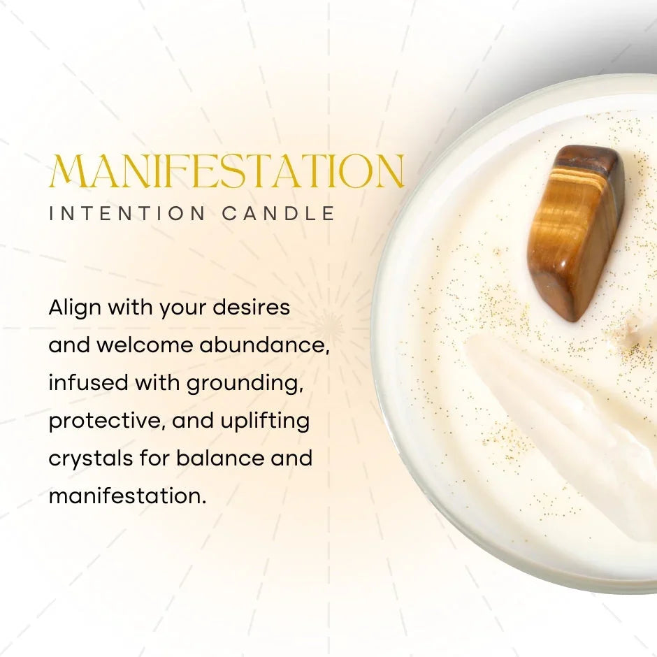 Manifestation intention candle with crystals and gold glitter, marketing text on left.