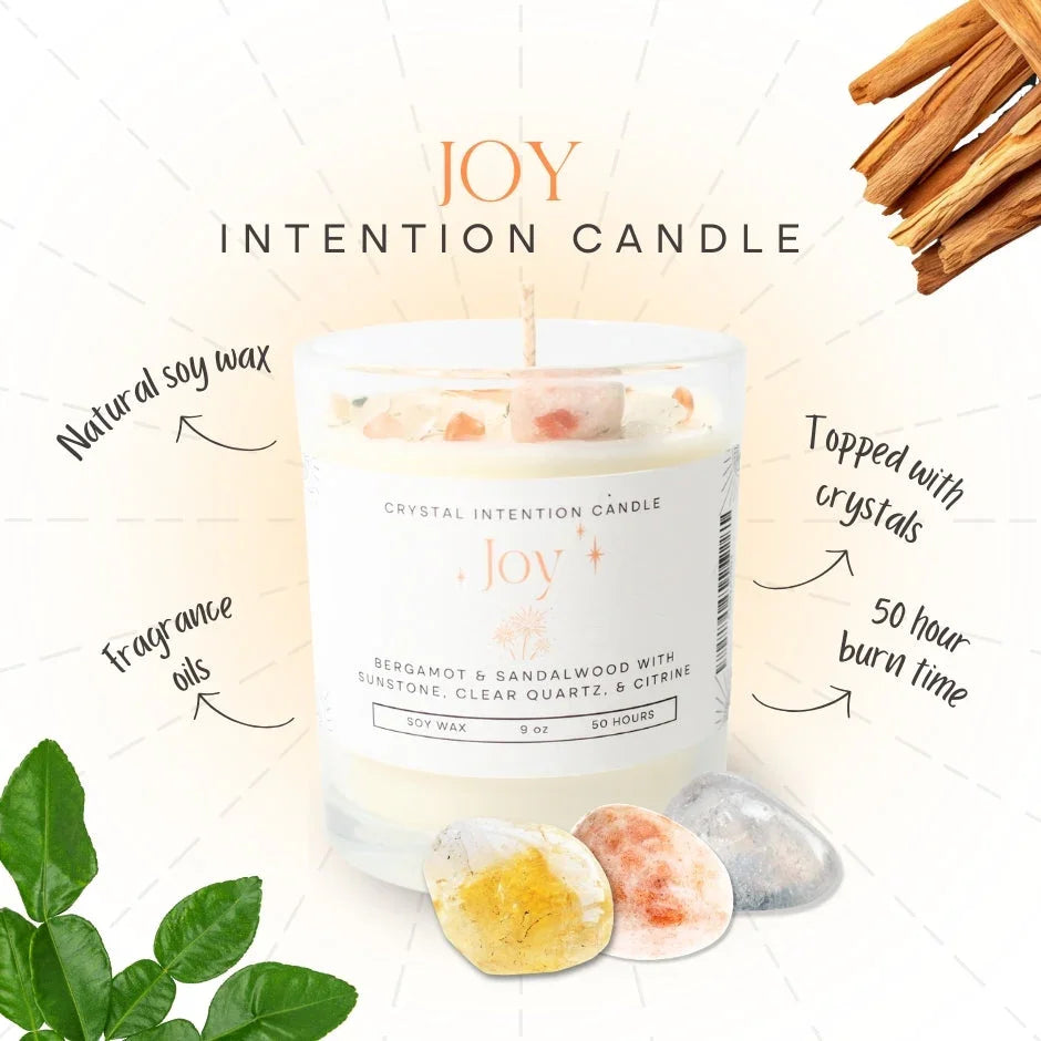 Joy intention candle made with soy wax, topped with crystals, bergamot and sandalwood fragrance.
