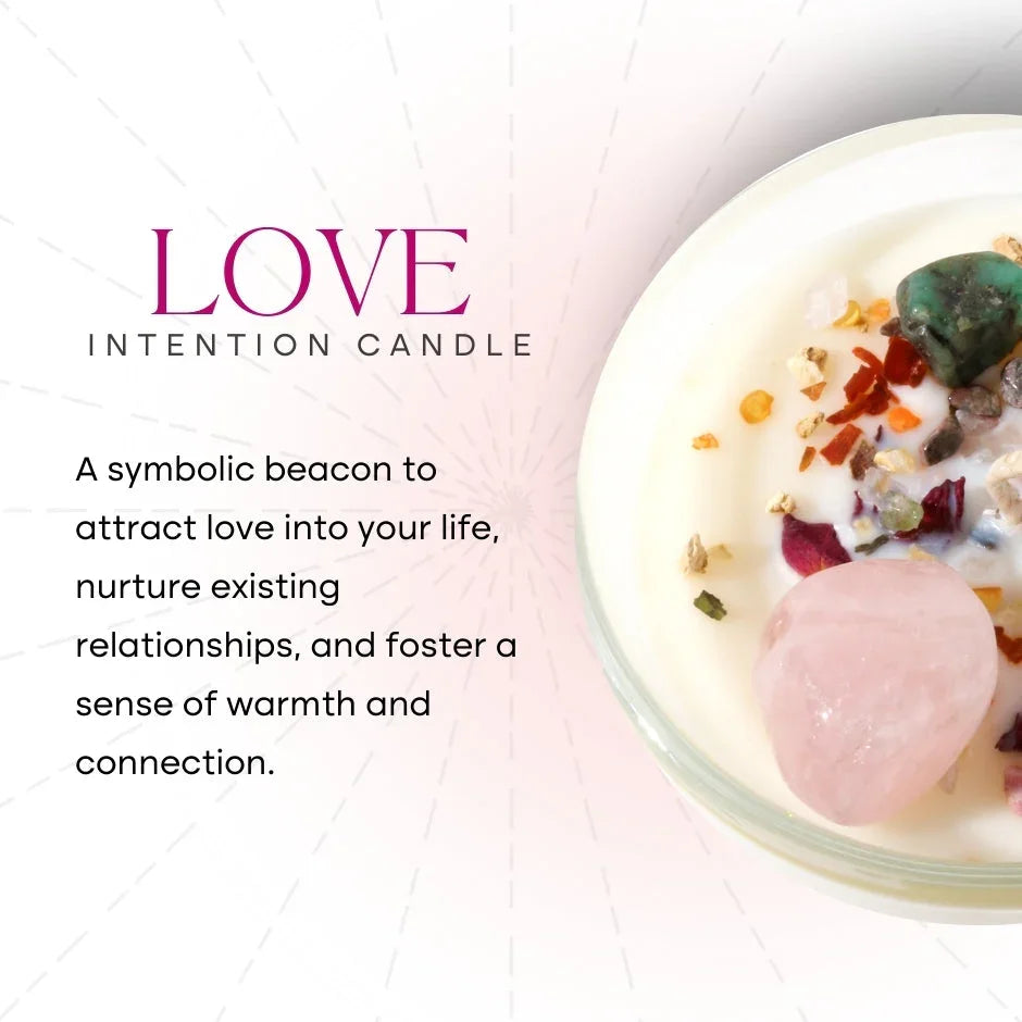 Love intention candle with colorful crystals and herbs, romantic gift, spiritual decor