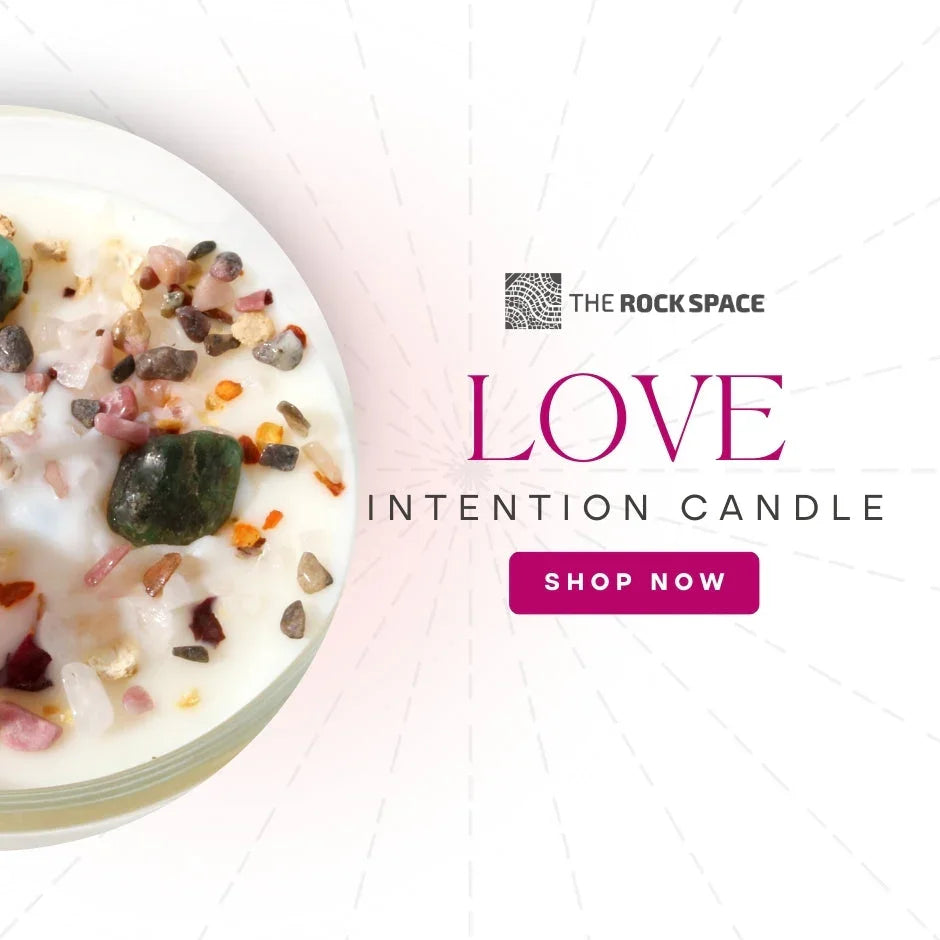 Love intention candle with colorful crystals, The Rock Space branding, shop now button