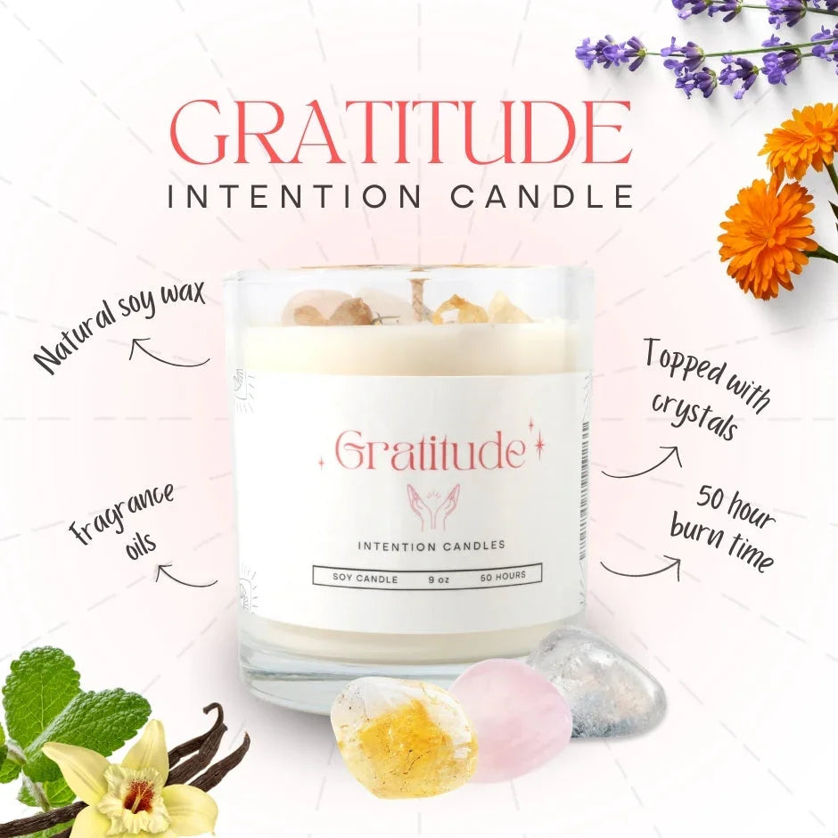 Gratitude intention candle made with natural soy wax, crystals, fragrance oils, and floral accents.