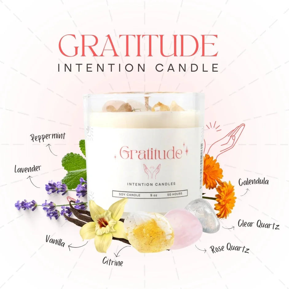 Gratitude intention soy candle with vanilla, peppermint, lavender, calendula, citrine, quartz