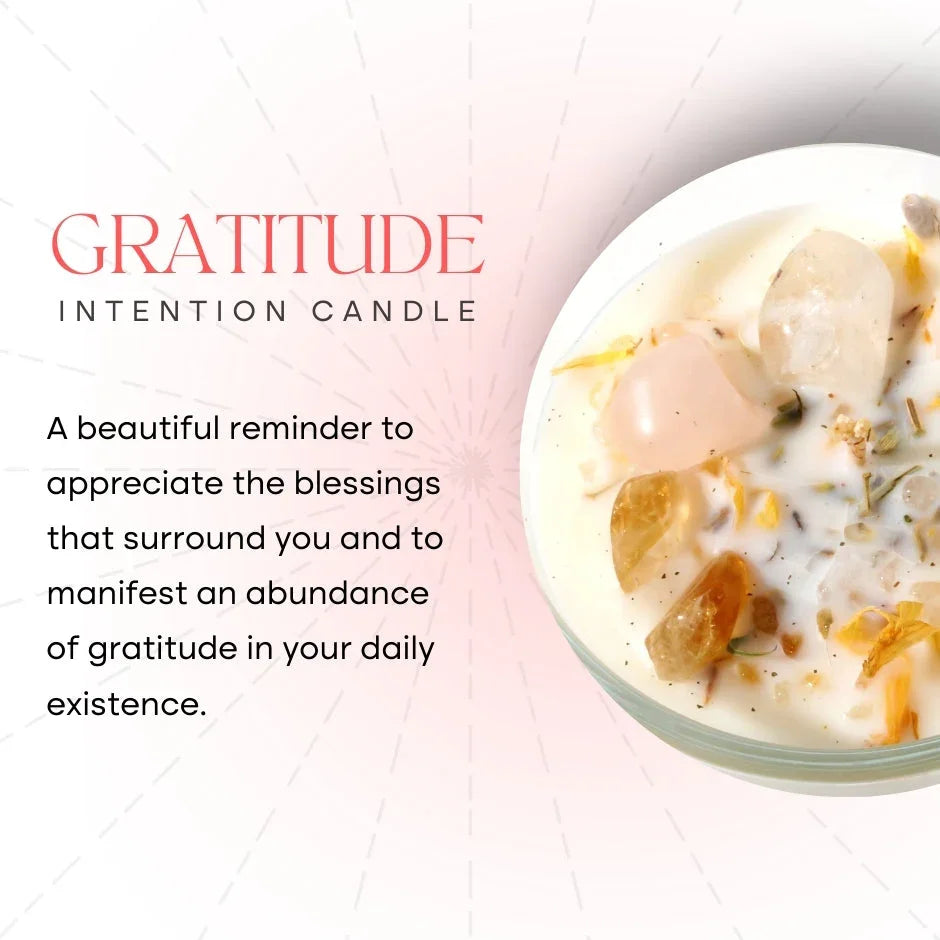 Gratitude intention candle with crystals and botanicals, inspirational text on a soft background