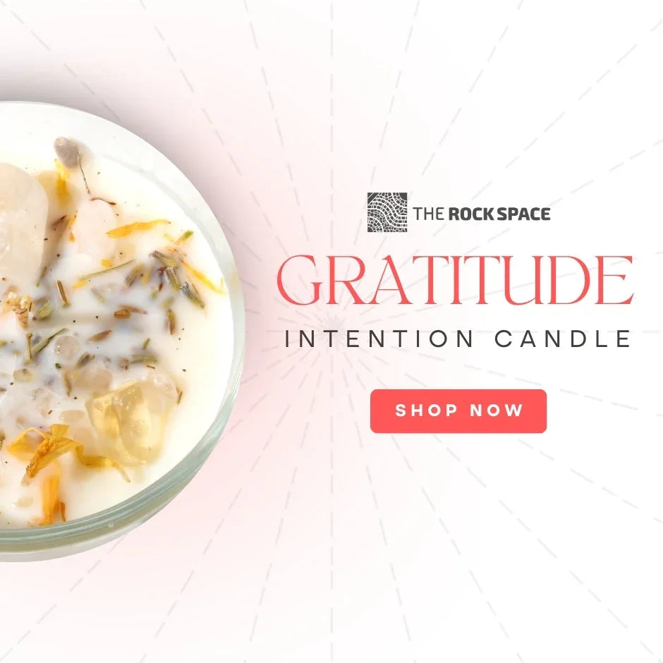 Gratitude intention candle with herbs and crystals, The Rock Space, shop now button
