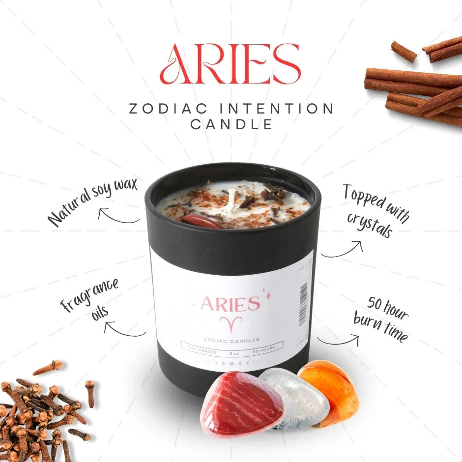 Aries zodiac intention candle in black jar with crystals, natural soy wax, and cinnamon sticks.