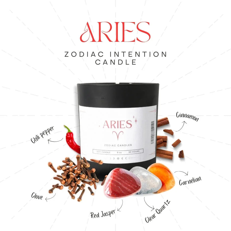 Aries zodiac intention candle with chili pepper, clove, cinnamon, red jasper, clear quartz, carnelian.