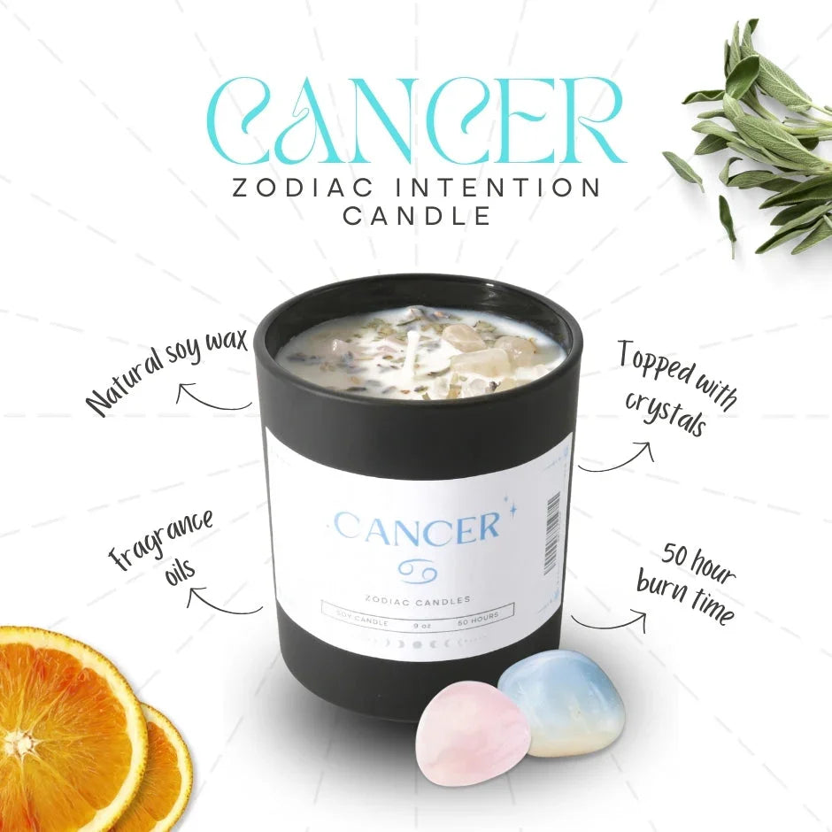 Cancer zodiac intention candle with crystals, soy wax, fragrance oils, orange slices, and sage