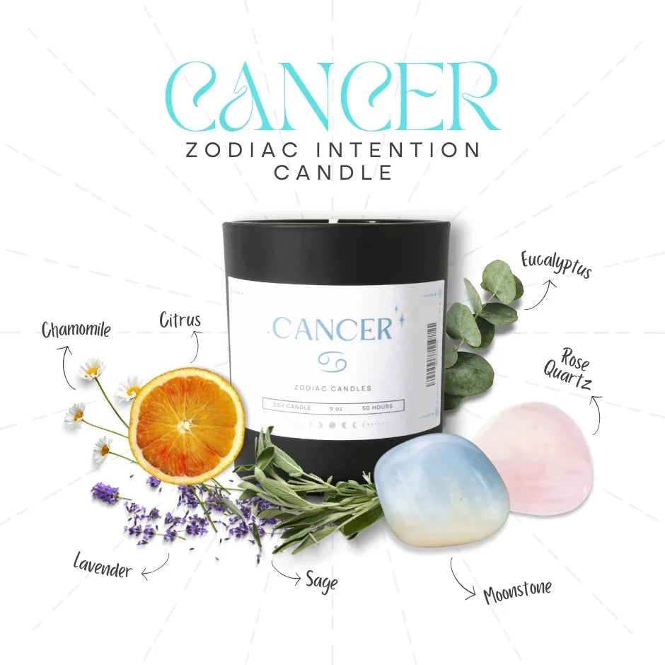 Cancer zodiac intention candle with chamomile, citrus, eucalyptus, lavender, sage, rose quartz, and moonstone.