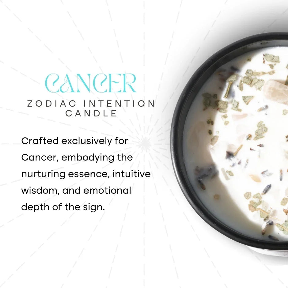 Cancer zodiac intention candle with herbs in a black jar, astrology-themed product display