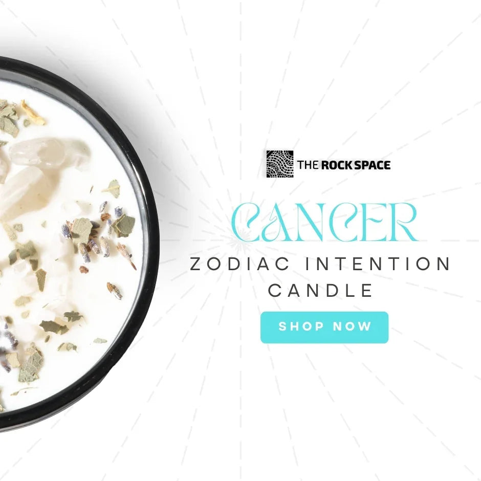 Cancer zodiac intention candle with herbs, The Rock Space branding, shop now button