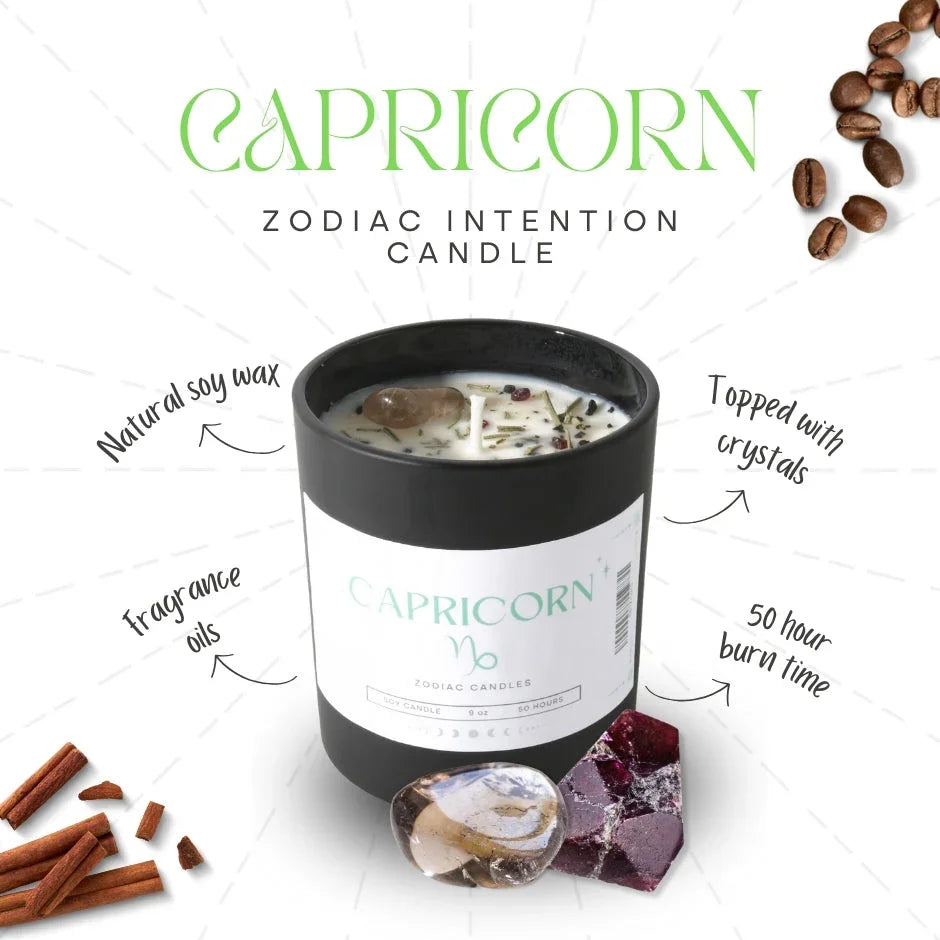 Capricorn zodiac candle with soy wax, crystals, and fragrance oils, 50 hour burn time