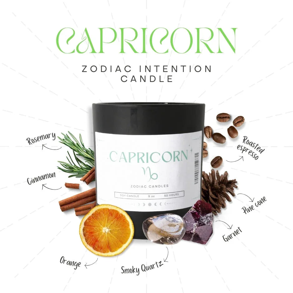 Capricorn zodiac intention candle with rosemary, cinnamon, orange, smoky quartz, and pine cone.