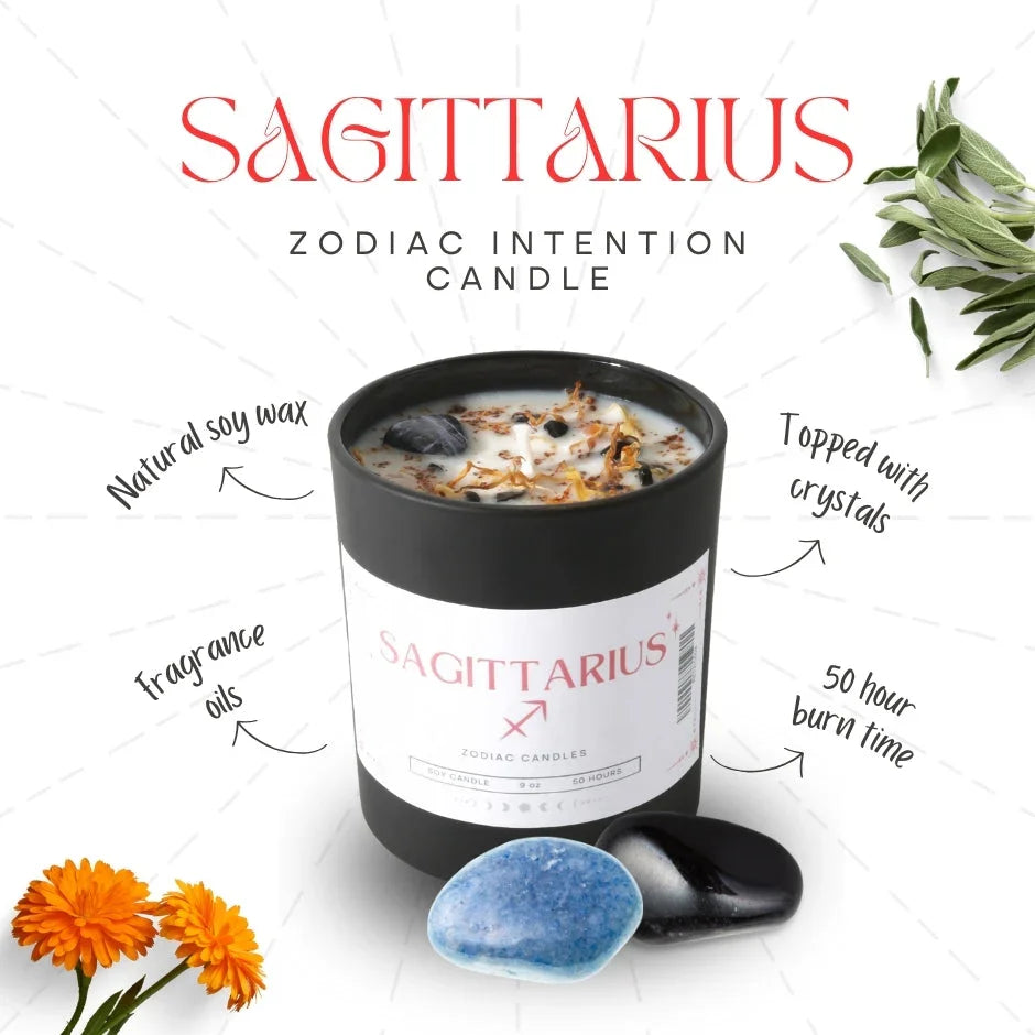 Sagittarius zodiac intention candle with soy wax, crystals, fragrance oils, and 50-hour burn time