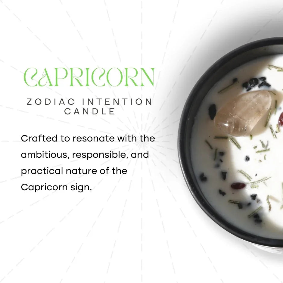 Capricorn zodiac intention candle with crystals and herbs in a black container, text describing its qualities.