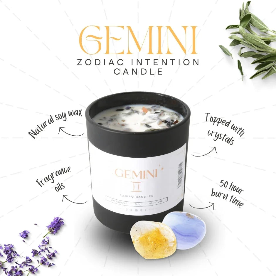 Gemini zodiac intention candle in black jar with soy wax, crystals, and natural fragrance oils.