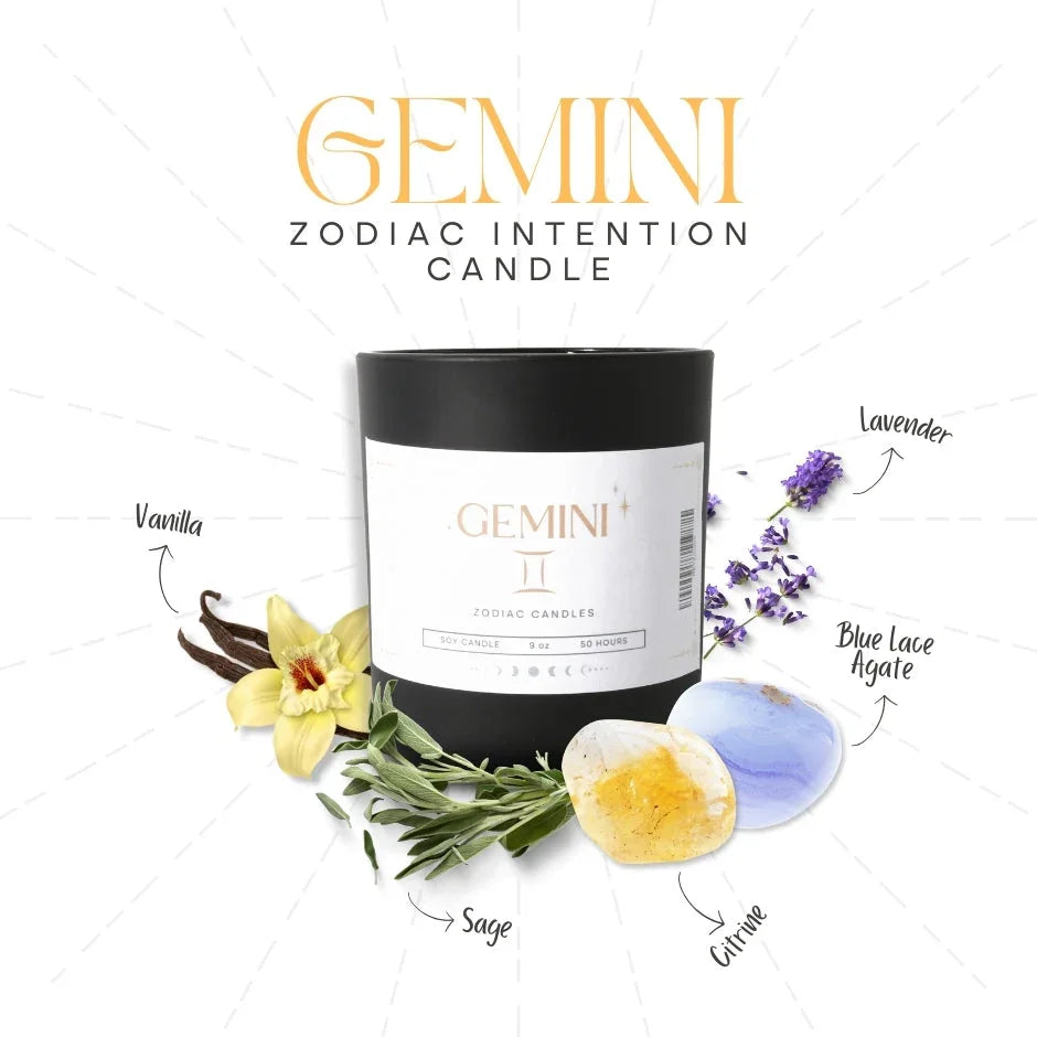 Gemini zodiac intention candle with vanilla, sage, lavender, citrine, and blue lace agate