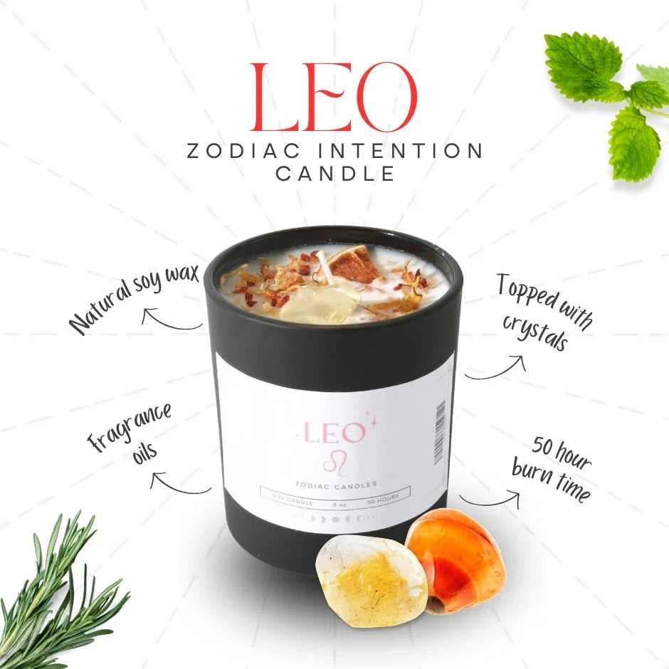 Leo zodiac intention candle in black jar with soy wax, crystals, and herbs, 50 hour burn time.