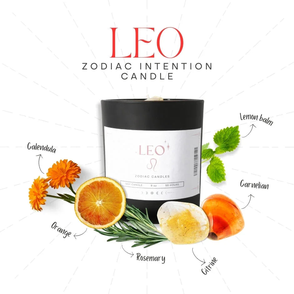 Leo zodiac intention candle with calendula, orange, rosemary, lemon balm, citrine, and carnelian