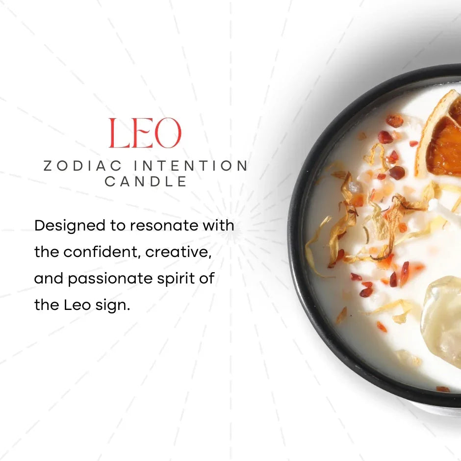 Leo zodiac intention candle with dried orange, petals, and crystals, zodiac decor gift