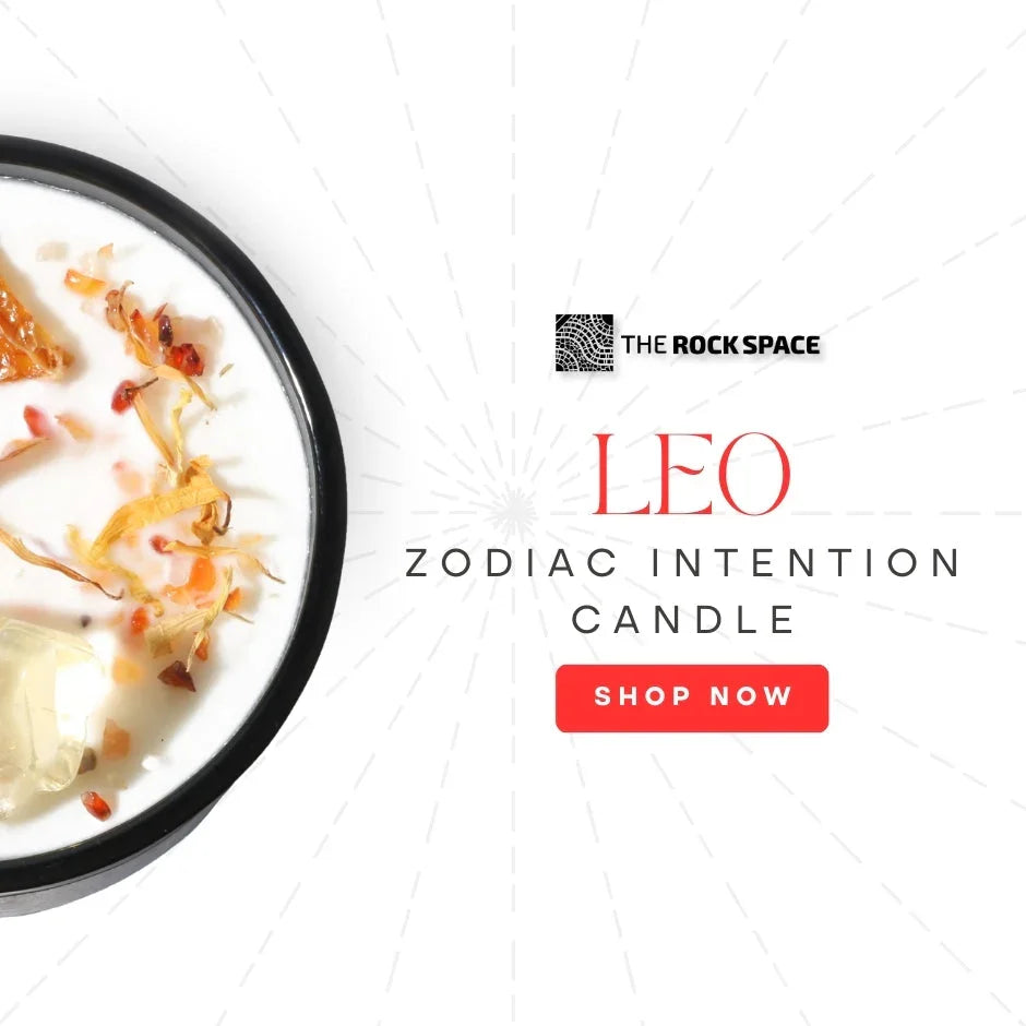 Leo zodiac intention candle with herbs and crystals, The Rock Space, shop now