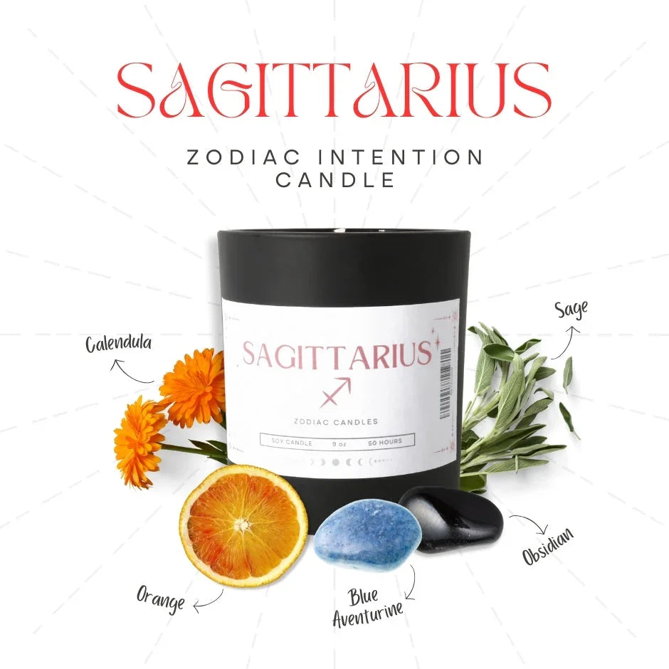 Sagittarius zodiac intention candle with calendula, orange slice, sage, blue aventurine, and obsidian.