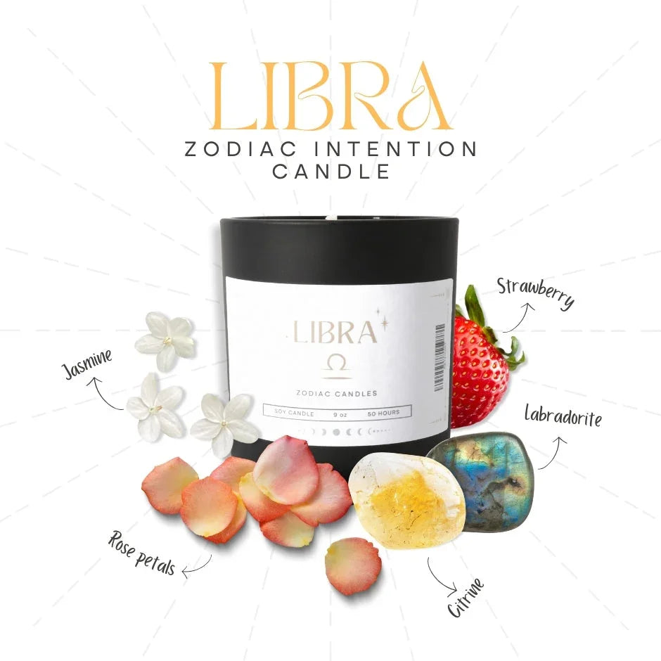 Libra zodiac candle with label, surrounded by jasmine flowers, rose petals, strawberry, citrine, and labradorite stones.
