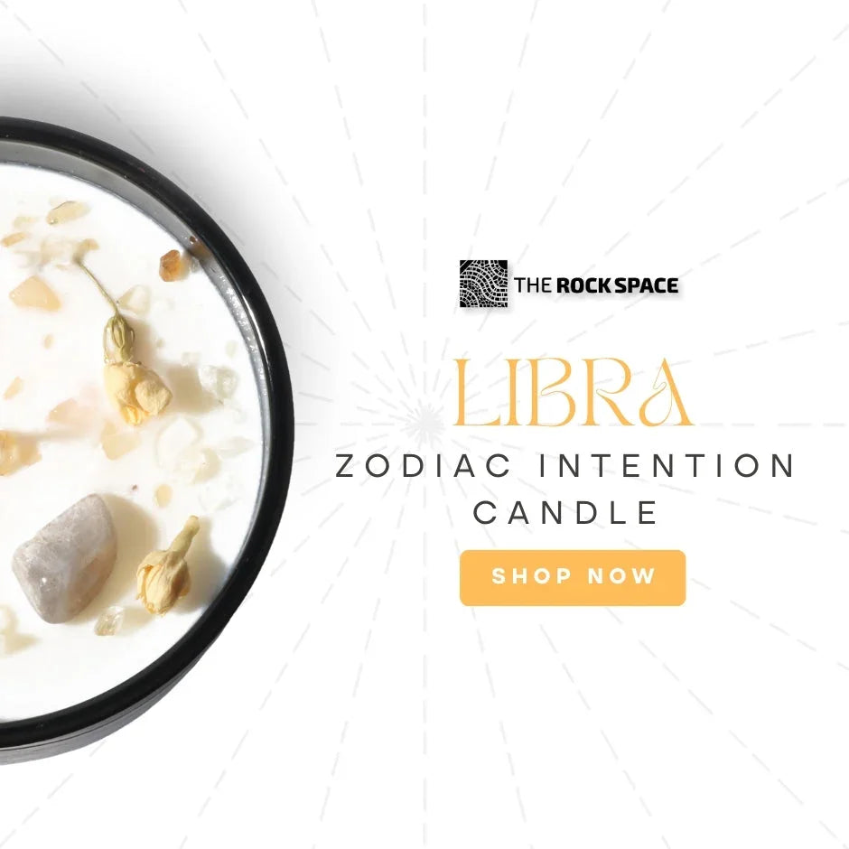 Libra zodiac intention candle with crystals and botanicals, The Rock Space branding.