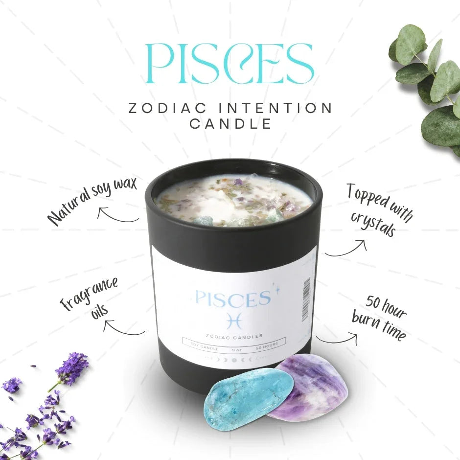 Pisces zodiac intention candle in black jar with crystals, natural soy wax, and lavender.