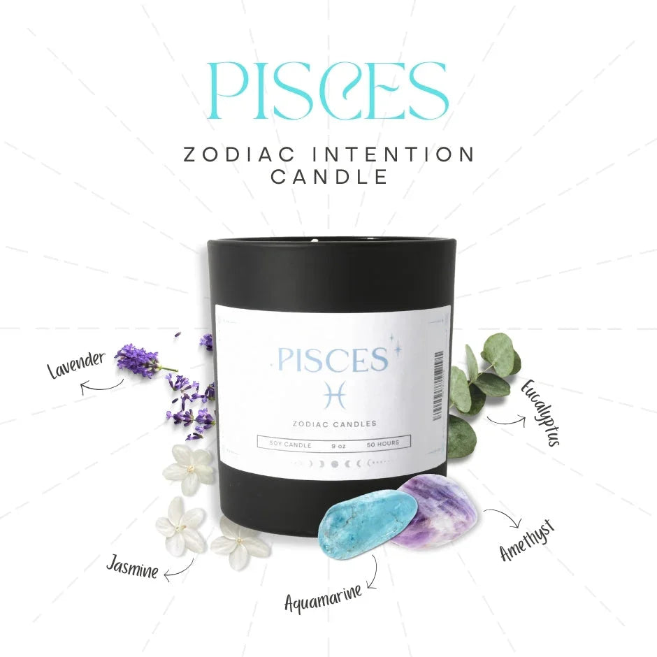 Pisces zodiac intention candle with lavender, jasmine, eucalyptus, aquamarine, amethyst