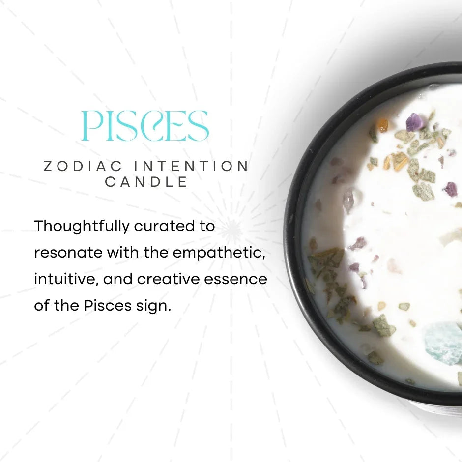 Pisces zodiac intention candle with herbs and crystals, white background, astrology gift