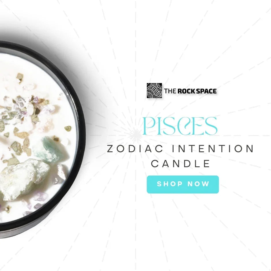 Pisces zodiac intention candle with crystals, The Rock Space branding, shop now button