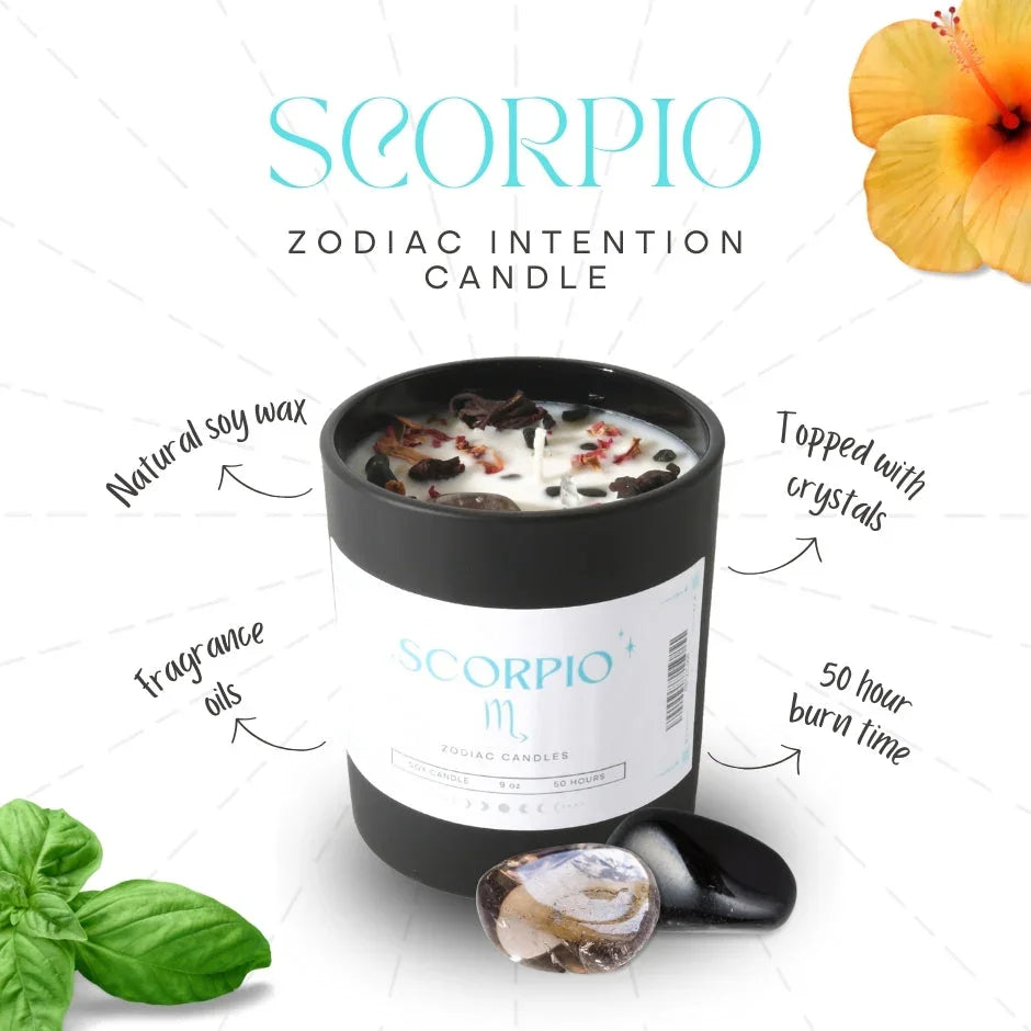 Scorpio zodiac intention candle in black jar with crystals, soy wax, and basil leaf accents.