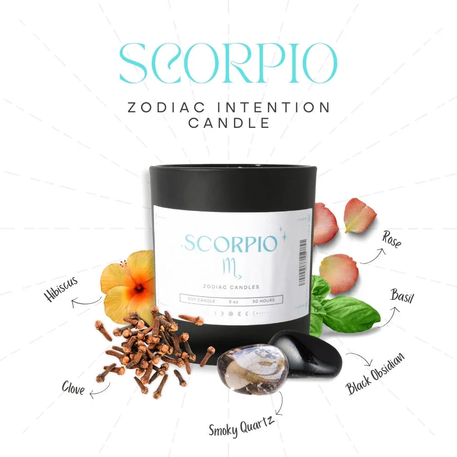 Scorpio zodiac intention candle with hibiscus, clove, smoky quartz, black obsidian, rose, basil