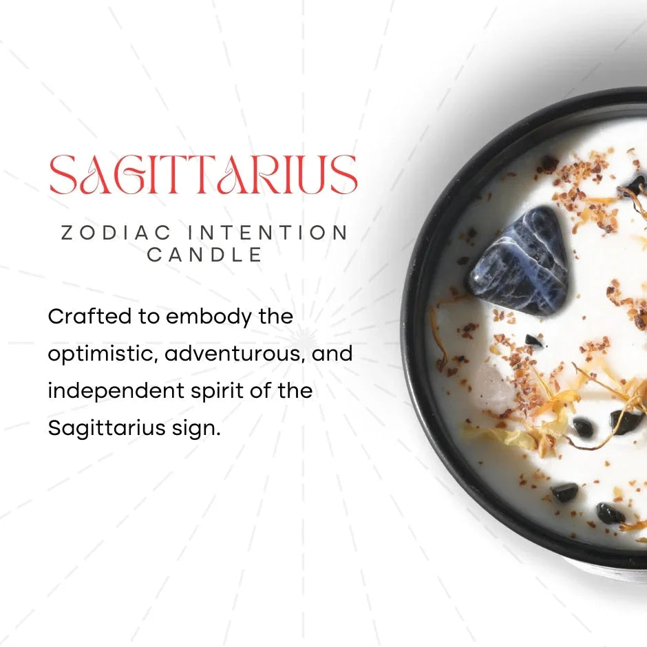 Sagittarius zodiac intention candle with crystals and herbs, astrology-themed gift.