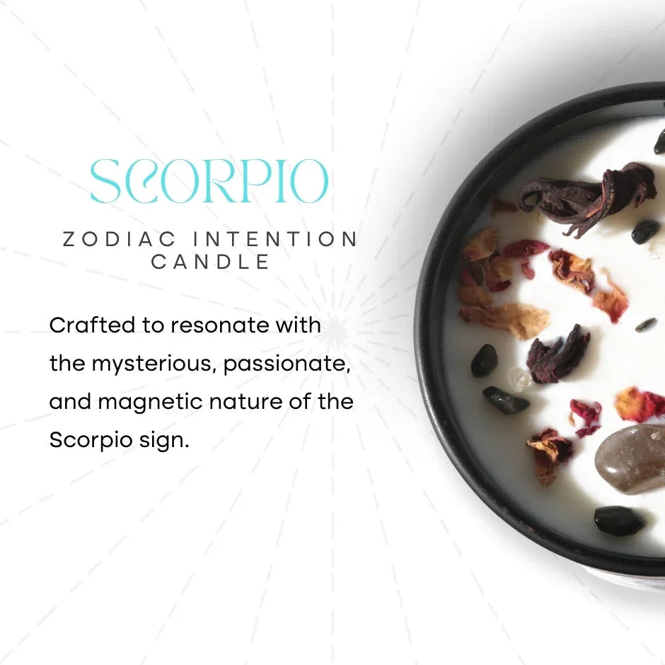 Scorpio zodiac intention candle with crystals and dried flowers, astrology gift idea