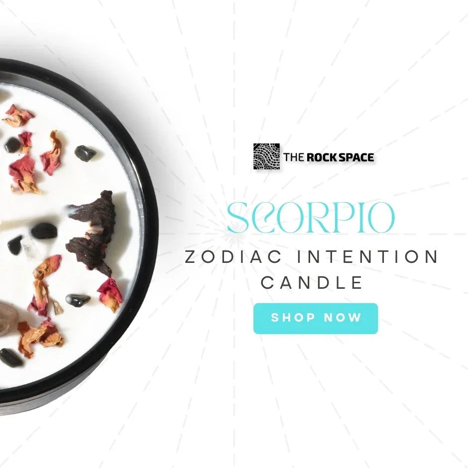 Scorpio zodiac intention candle with herbs and crystals in black container, The Rock Space
